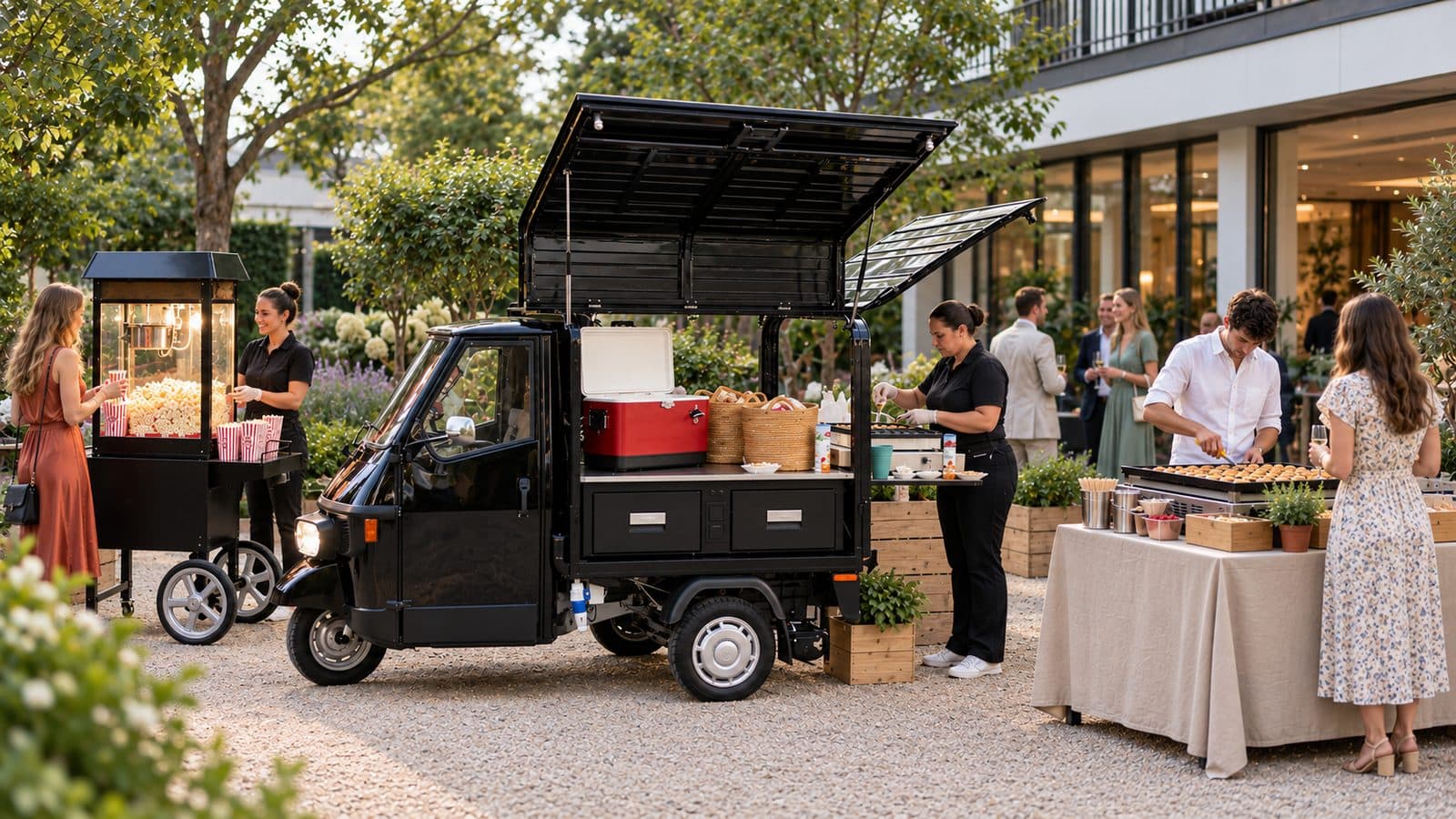 The Piaggio, a popcorn cart and a buffet set up in a garden during a reception